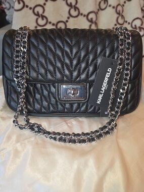 Karl Lagerfeld Black Quilted Chevron Leather Shoulder Bag with Silver Chain